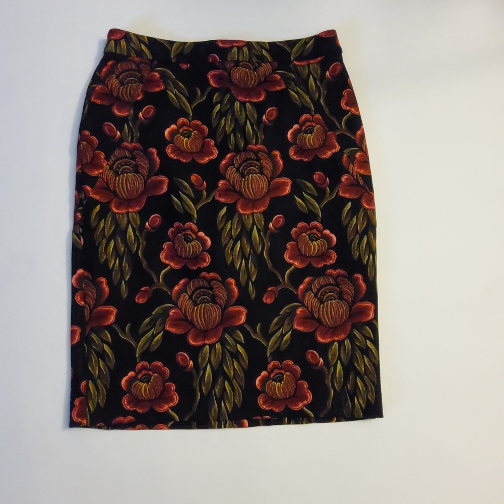 Ann Taylor Floral Pencil Skirt Black Rust Gold Textured Cotton Blend Size 8